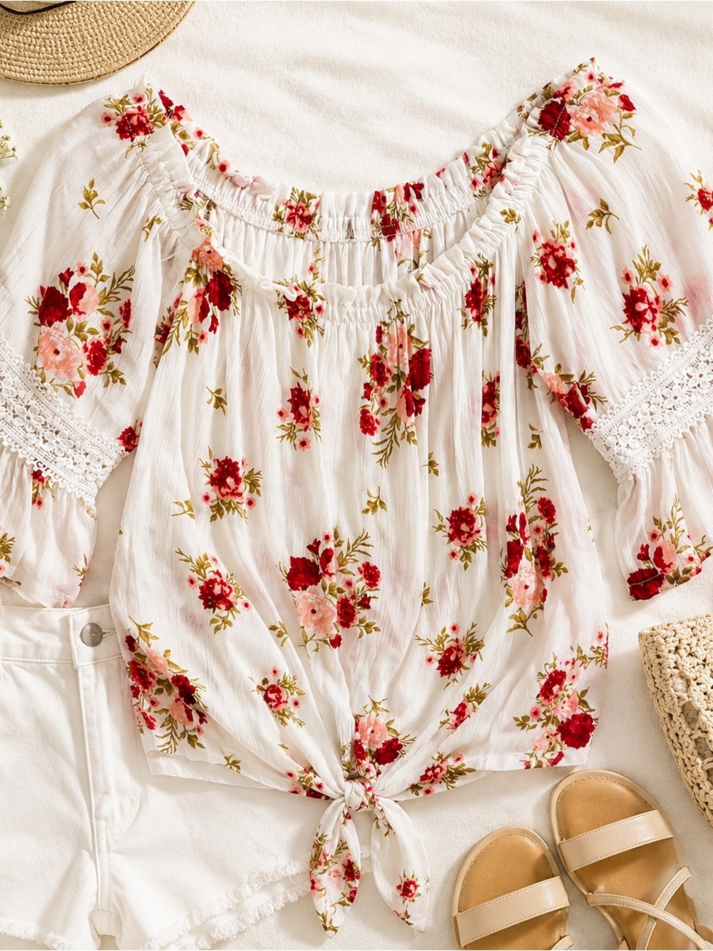 Rue21 Floral Tie Front Blouse White Pink Lace Sleeve Size M